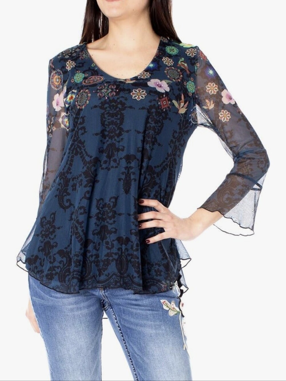 Desigual Sheer Mesh Floral Damask Tulle Blouse Top V-Neck Bell Sleeve Teal Blue
